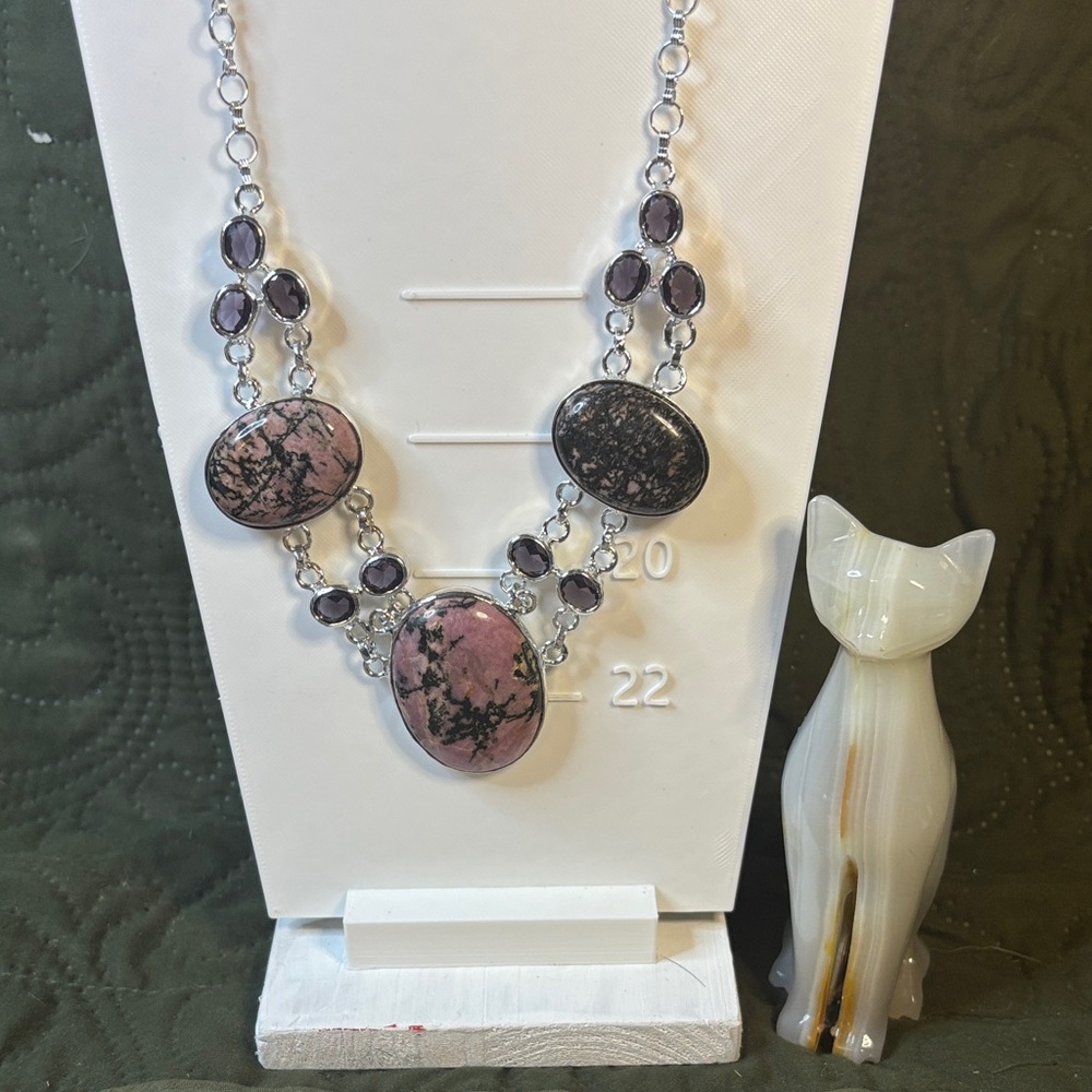 Rhodonite & Amethyst Statement Necklace – Stamped 925 Sterling Silver